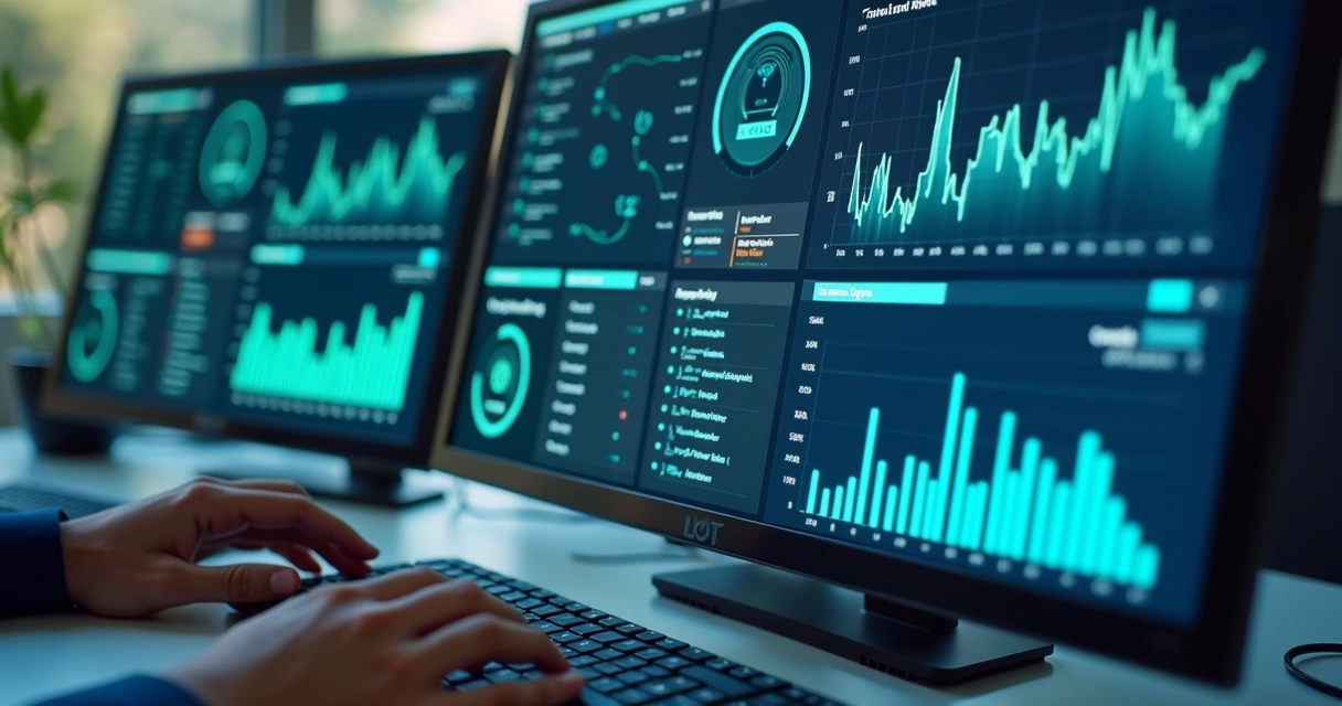 Dashboard digital mostrando indicadores de governança de dados IoT e gráficos coloridos 