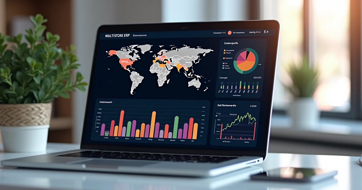 Dashboard digital mostrando desempenho de várias lojas no ERP 