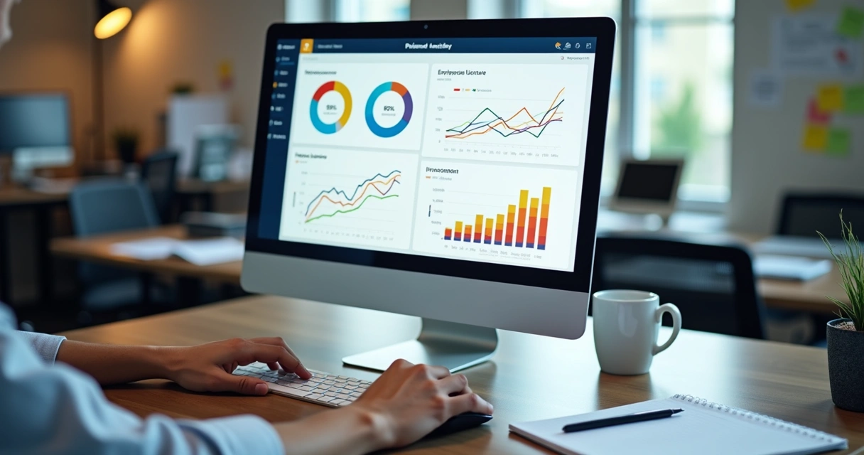 Tela de computador com dashboard mostrando gráfico de rotatividade e clima organizacional, mãos de pessoa mexendo no mouse 