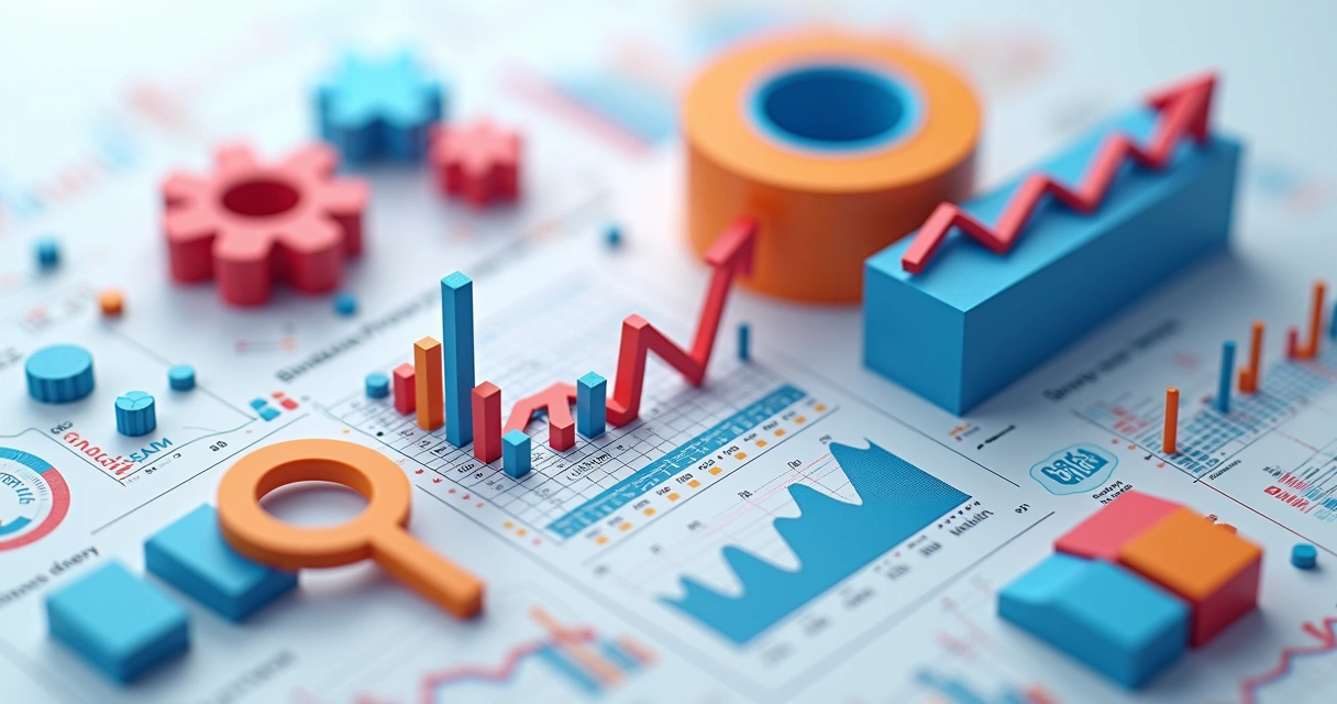 Painel 3D com gráficos coloridos de BI mostrando vendas, lucros e métricas de marketplaces 