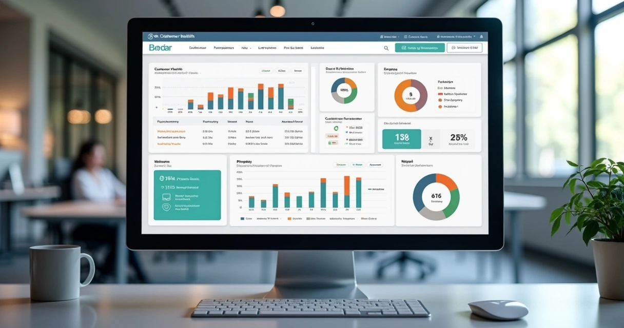 Dashboard digital com gráficos e indicadores mostrando análise do health score de clientes em uma tela de computador moderno 