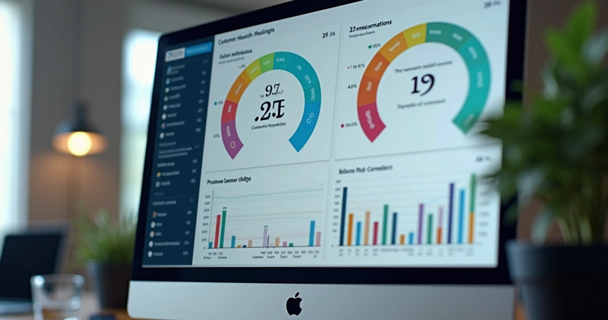 Dashboard analítico mostrando métricas de health score com gráficos e indicadores coloridos em tela digital 