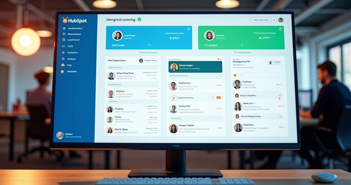 Painel de integração entre HubSpot e WhatsApp mostrando cards de leads, funil e conversas 