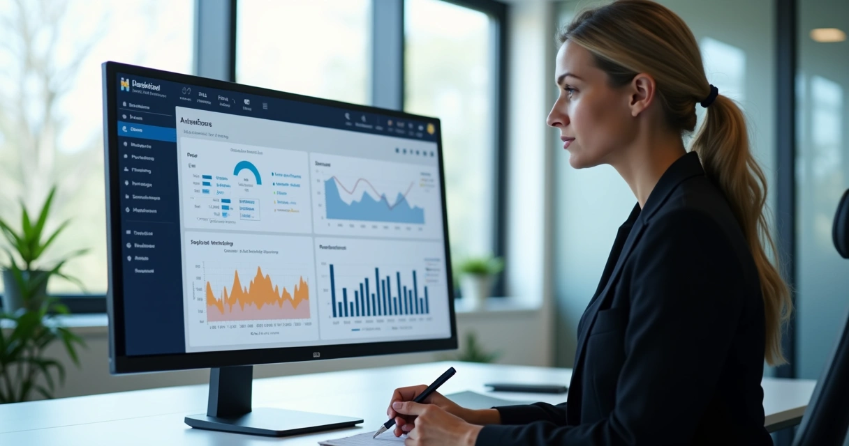Dashboard de IA com gráficos jurídicos na tela do computador e advogado observando 