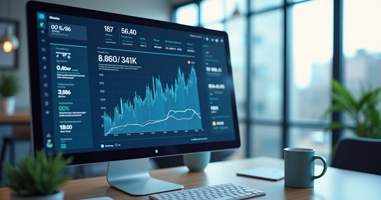 Linha do tempo digital mostrando análise gráfica de dados contábeis em monitor 