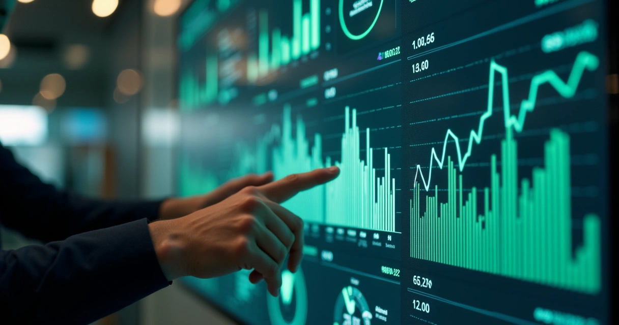 Painel digital com gráficos e indicadores de negócios gerados por IA 
