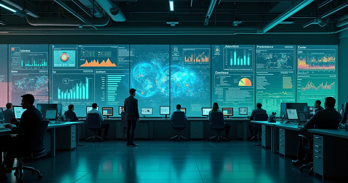 Dashboard de IA em sala industrial com dados e gráficos coloridos 