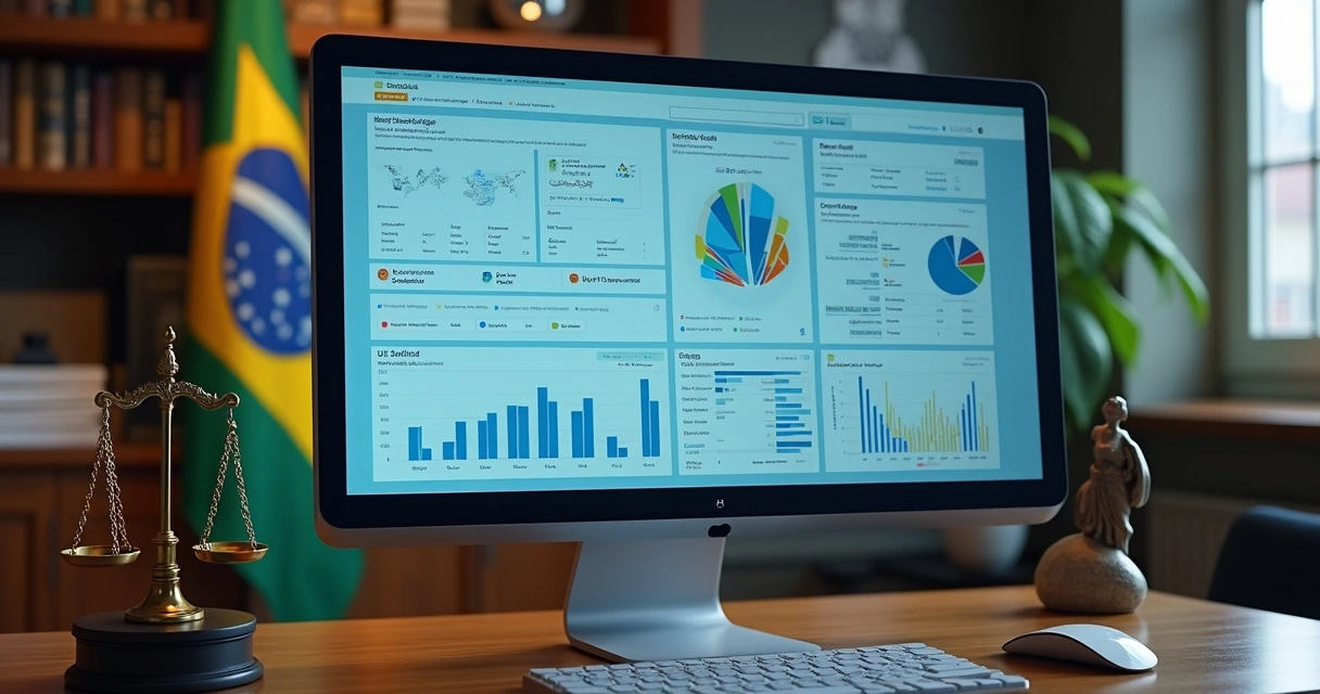 Painel digital de plataforma jurídica com gráficos, buscas e análise de dados
