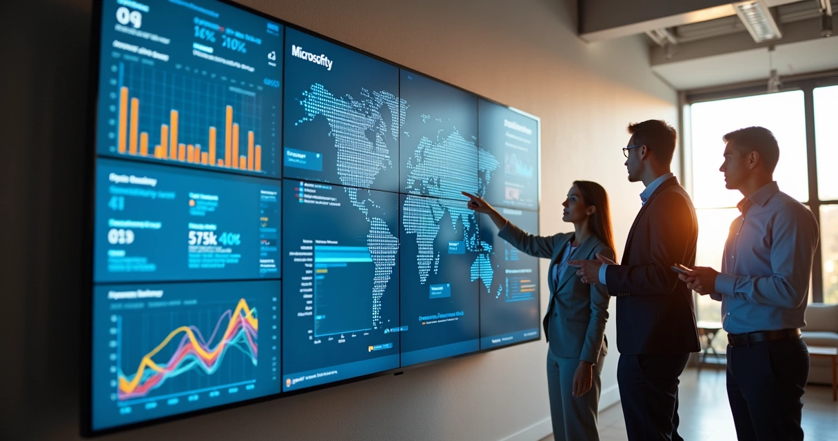 Dashboard de IA do Microsoft 365 em grande tela dentro de empresa, com dados e gráficos visíveis