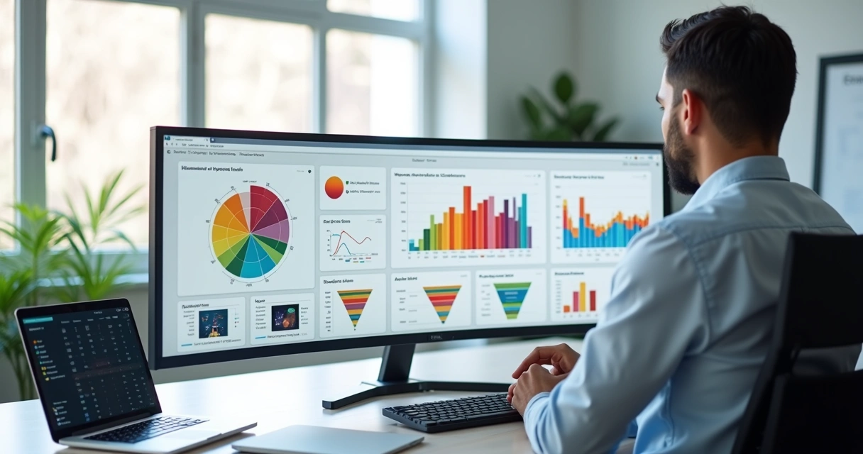 Painel de e-commerce com gráficos de IA e segmentos de clientes na tela 
