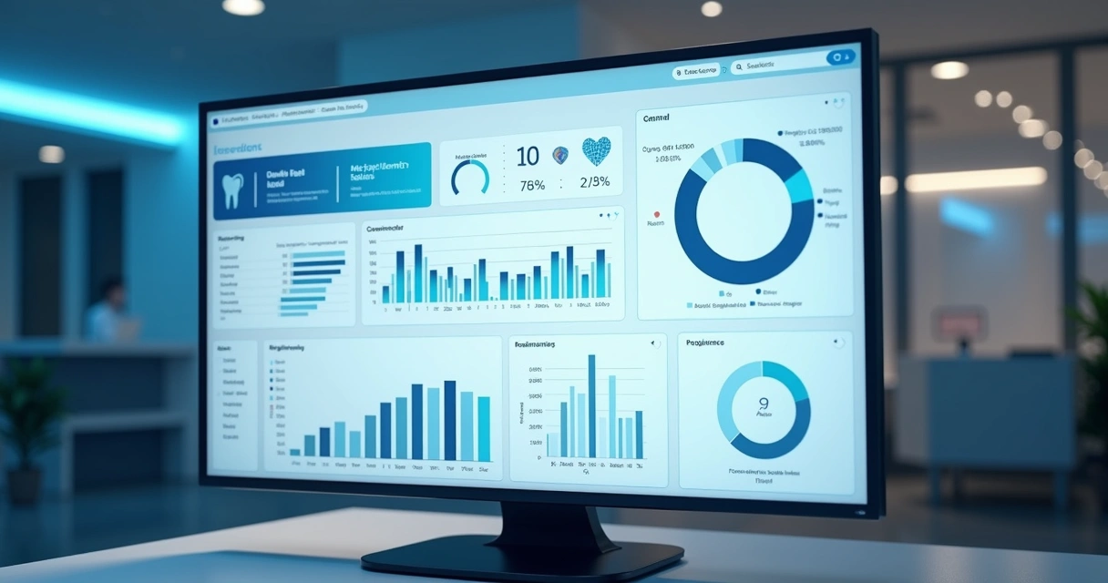 Dashboard de clínica odontológica mostrando dados de IA 