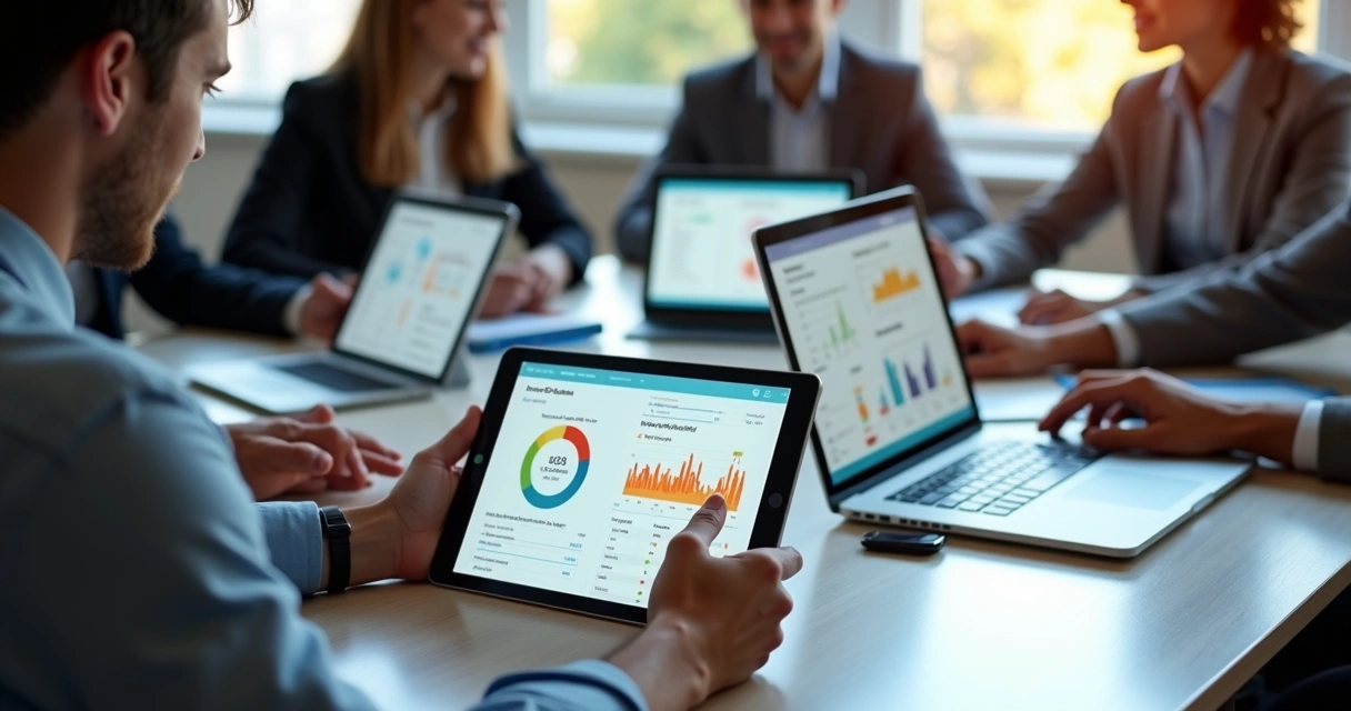 Dashboard IA com gráficos de satisfação em tablets e notebooks 