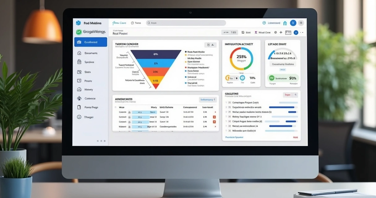 Dashboard de CRM imobiliário mostrando funil de vendas 