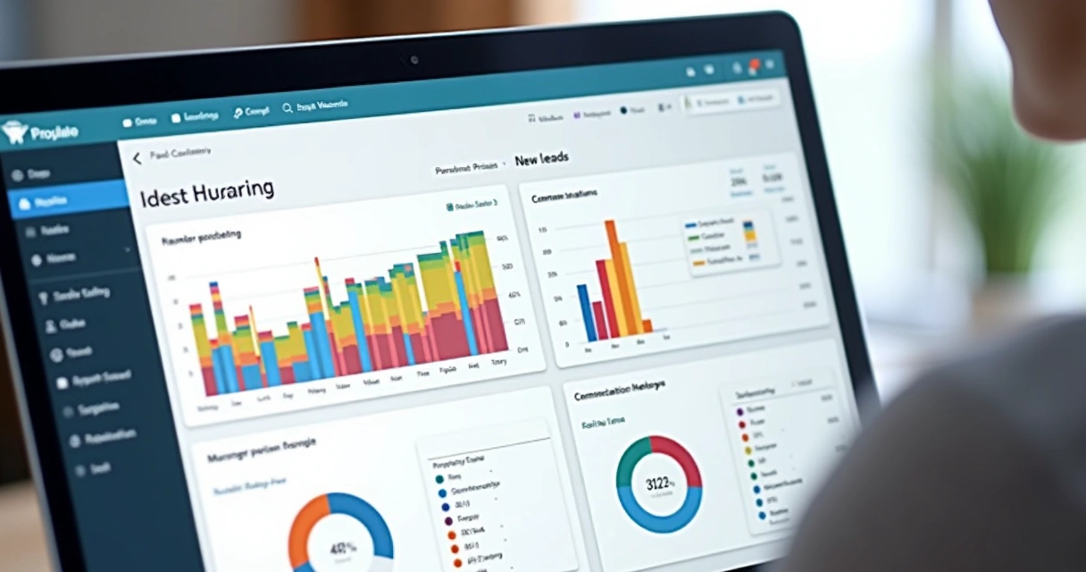 Tela de dashboard de plataforma imobiliária mostrando gráficos de vendas e leads. 