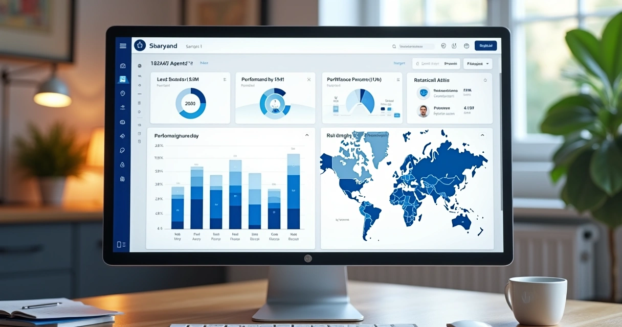 Painel de dashboard imobiliário com gráficos de vendas, funil e evolução de leads. 