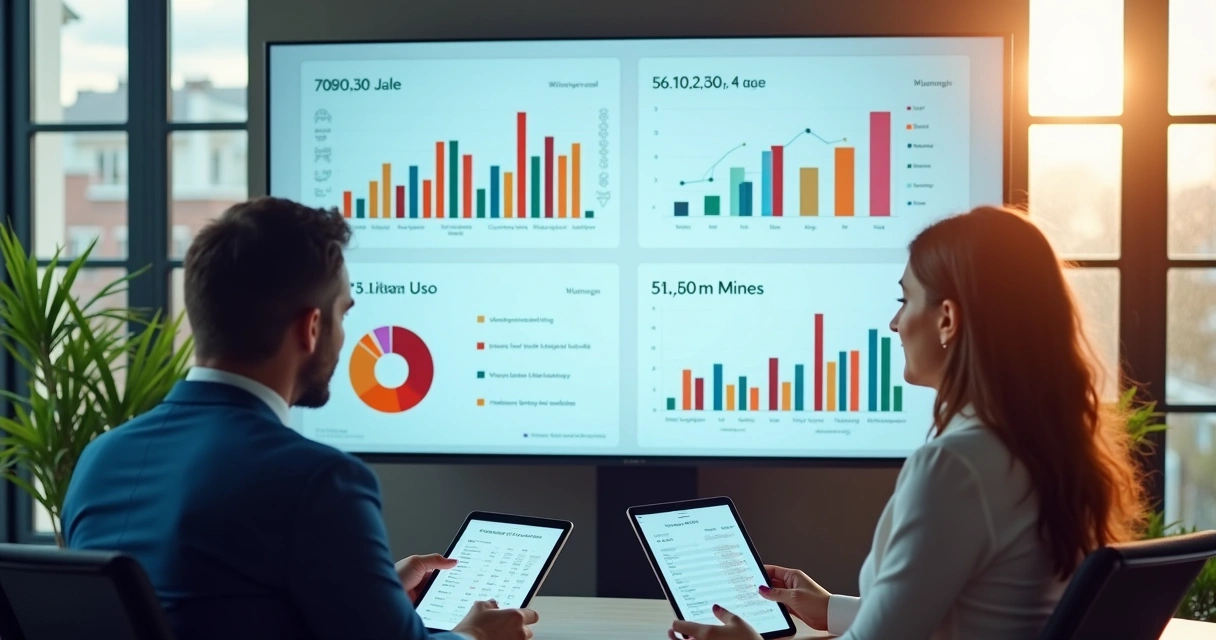 Painel de gestão imobiliária com gráficos em tela grande
