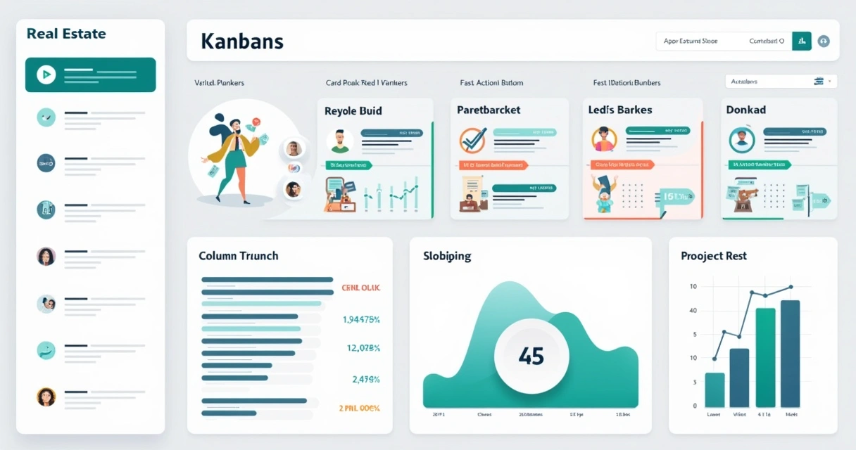 Painel digital de imobiliária com funil Kanban e gráficos coloridos 