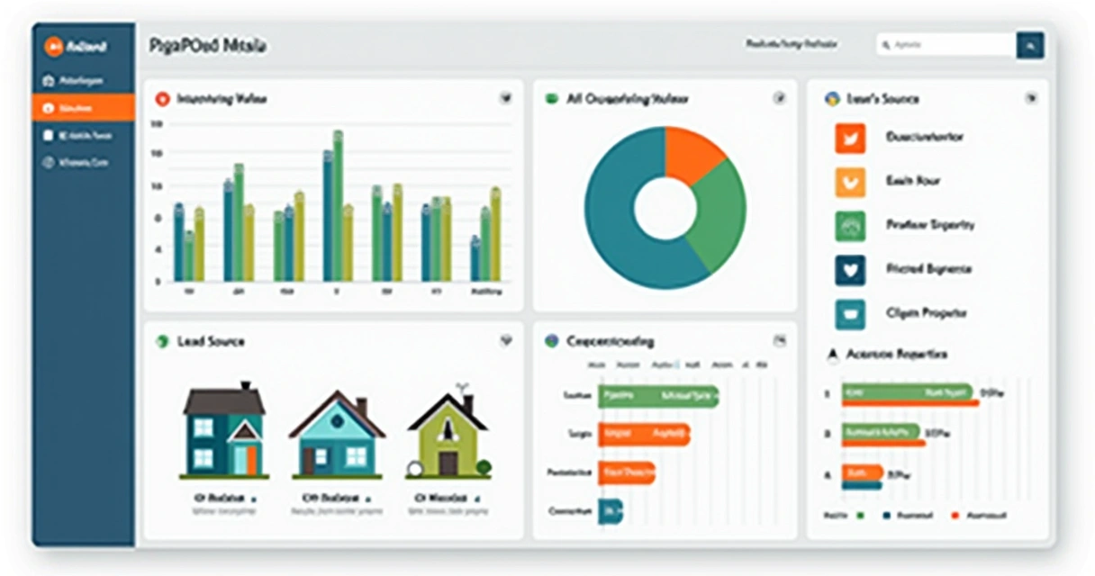 Dashboard imobiliário com métricas, gráficos e funil de vendas 