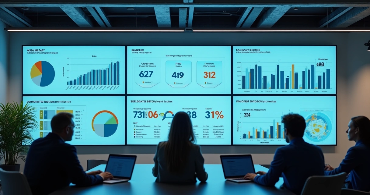 Painel digital mostrando indicadores de impacto social 