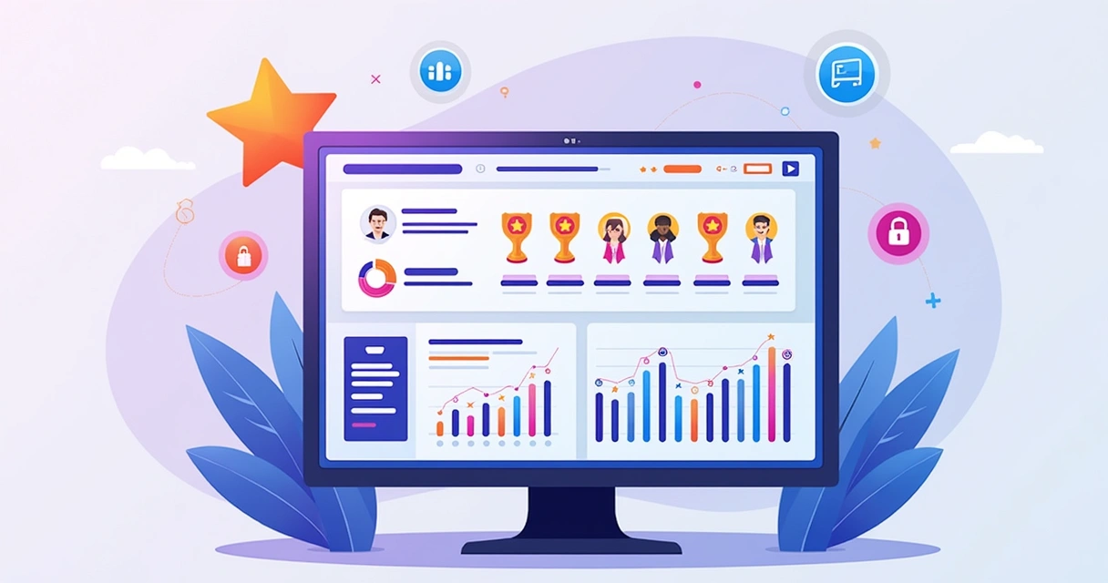 Dashboard de incentivos de parceria mostrando rankings, badges e pontos. 
