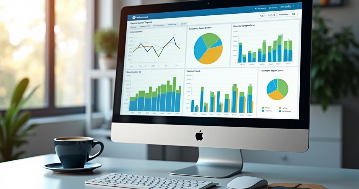 Dashboard de desempenho financeiro com gráficos de barras, pizza e linha 