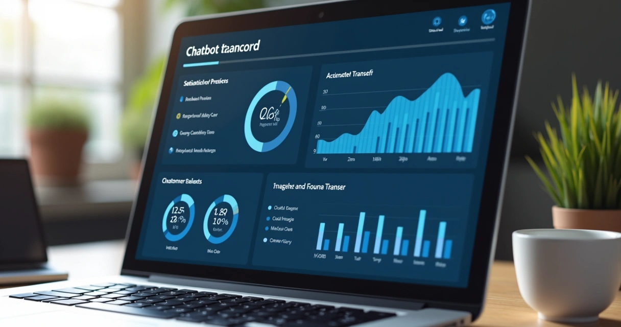 Dashboard digital mostrando taxas de satisfação e tempo médio de resposta do chatbot ao cliente 