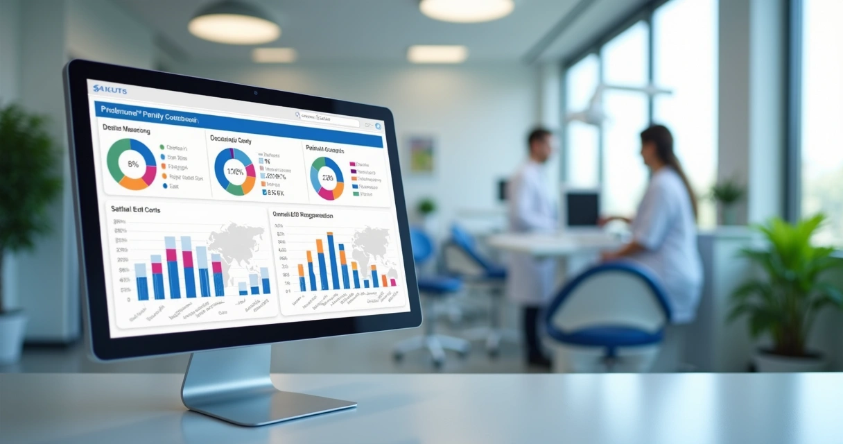 Dashboard com indicadores de clínica odontológica vistos em tela de computador 