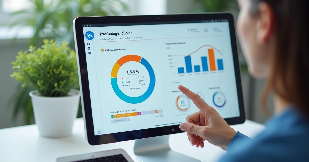 Dashboard digital mostrando gráficos coloridos de indicadores de uma clínica de psicologia
