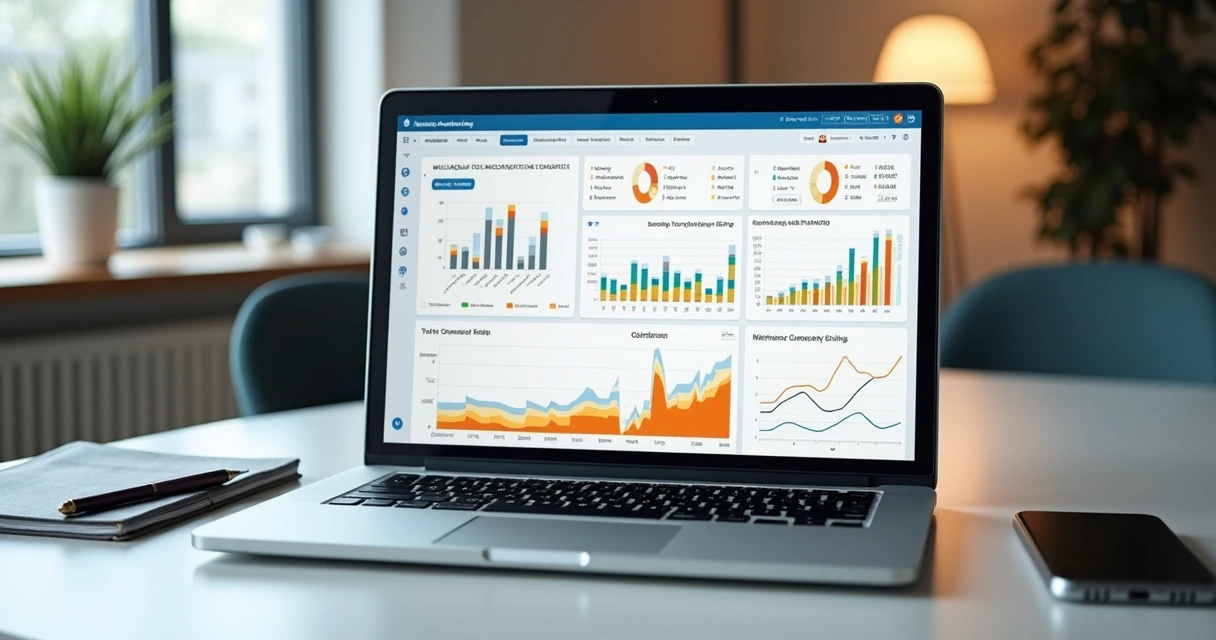 Dashboard com indicadores de pós-obra aberto em tela de notebook 