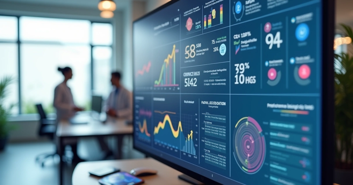 Dashboard digital com indicadores de saúde domiciliar e gráficos em tela moderna 