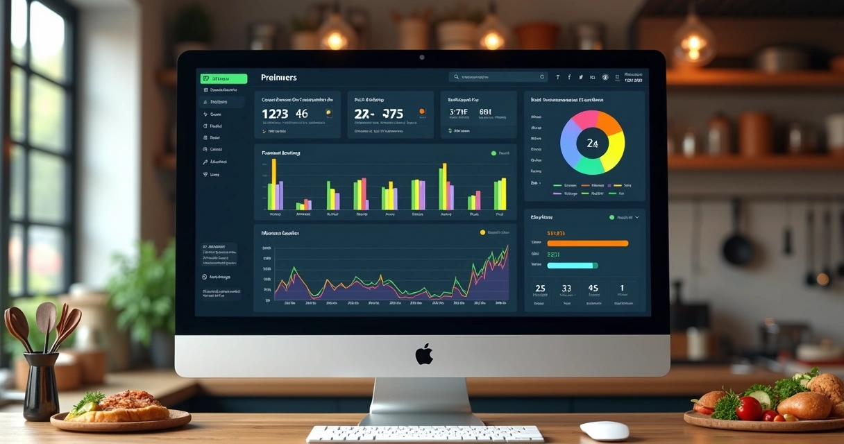 Dashboard digital mostrando gráficos de vendas, avaliações e tempo de entrega 