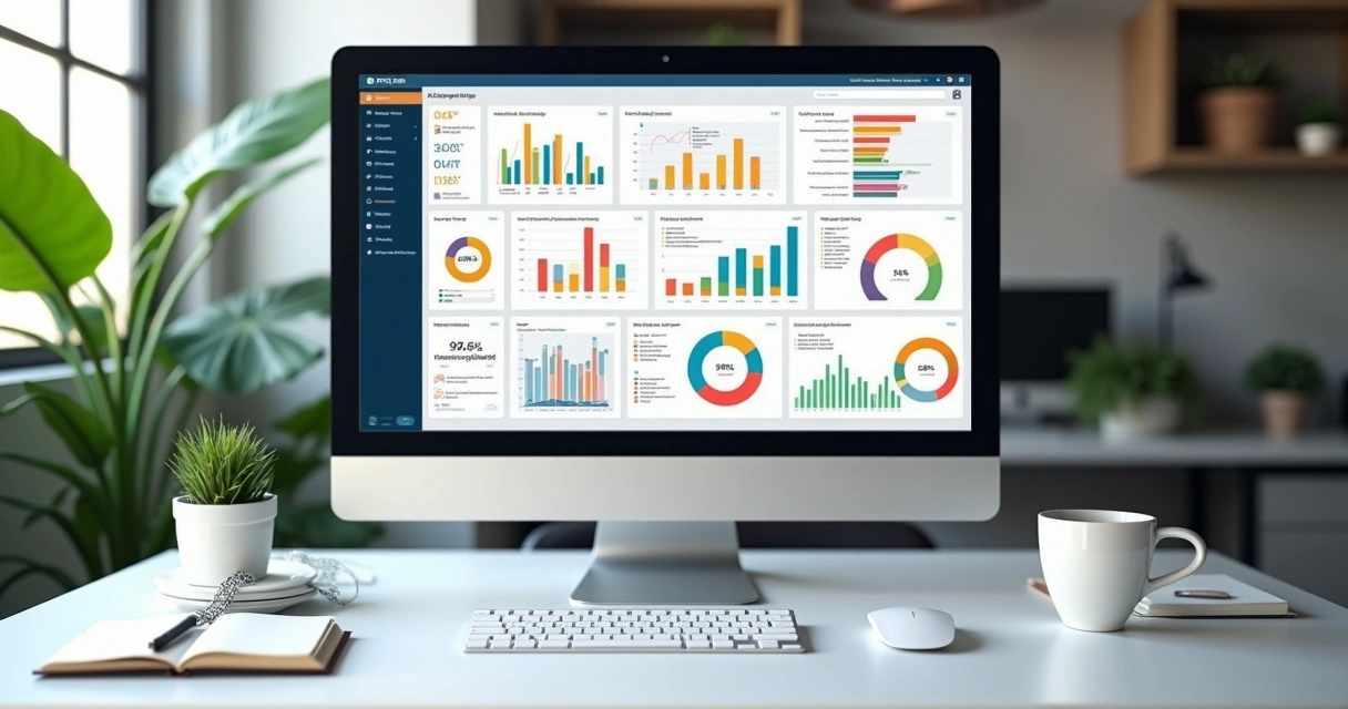 Dashboard com indicadores digitais em monitor de mesa 