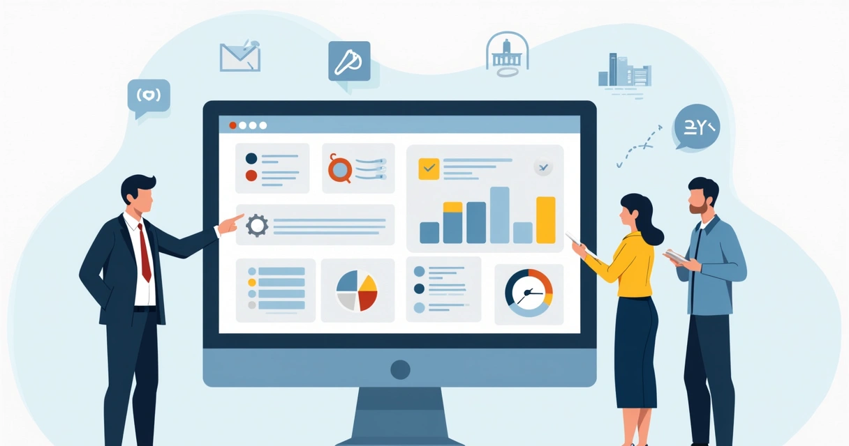 Painel virtual com métricas digitais de comunicação pública, incluindo comentários, interações e visualizações.