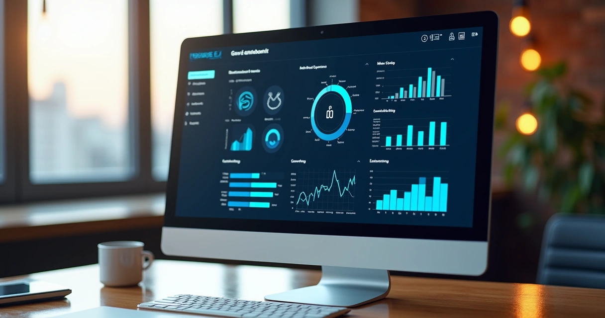Dashboard de indicadores de marketing e vendas em tela de computador 