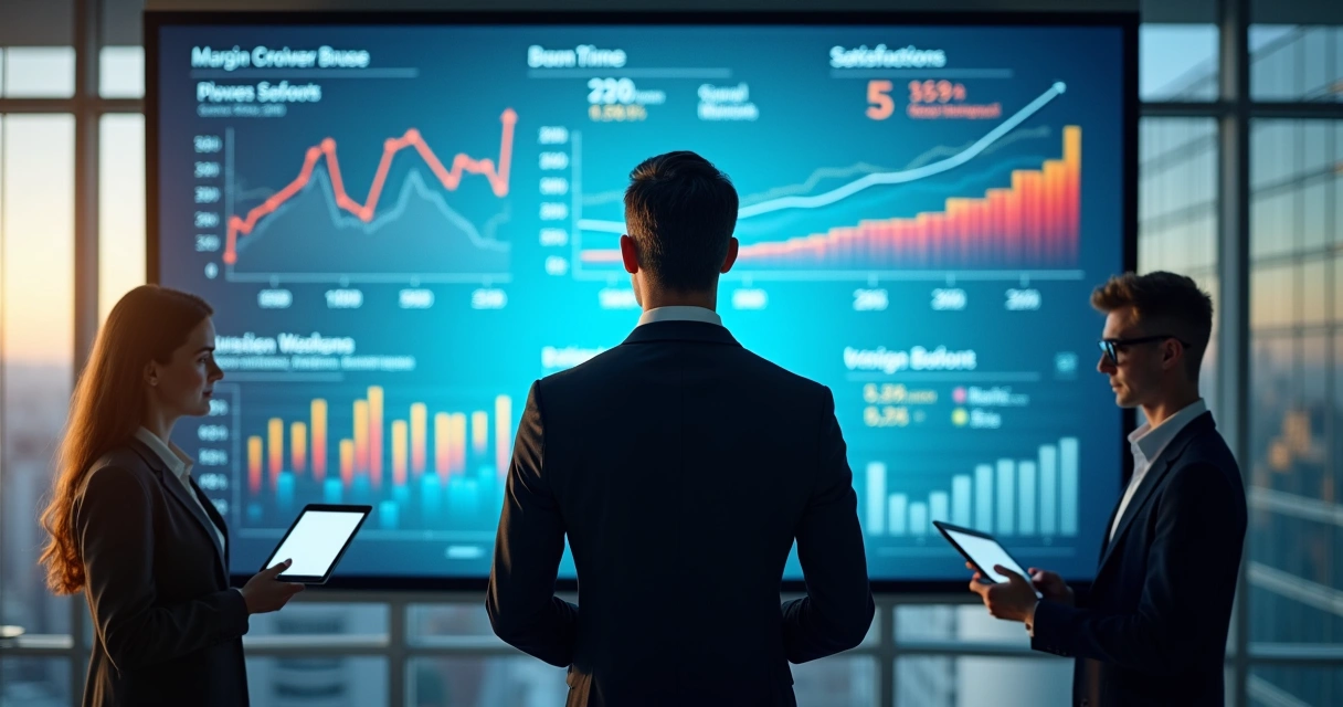 Dashboard de indicadores empresariais em tela grande de escritório 