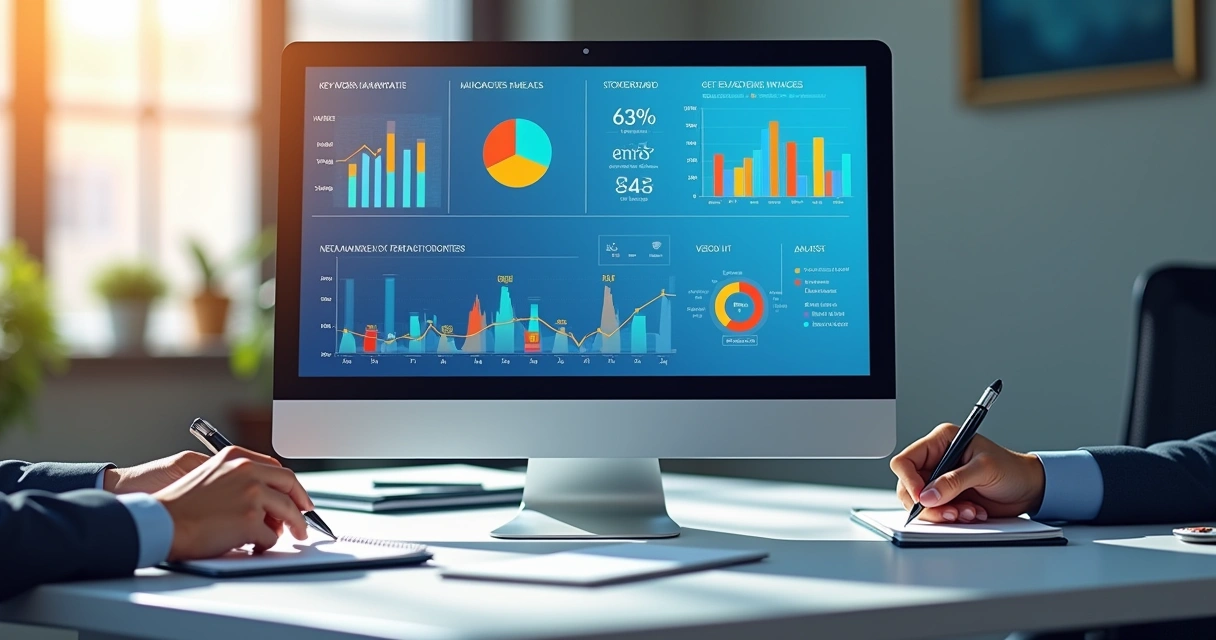 Dashboard de indicadores em uma tela de computador no escritório 