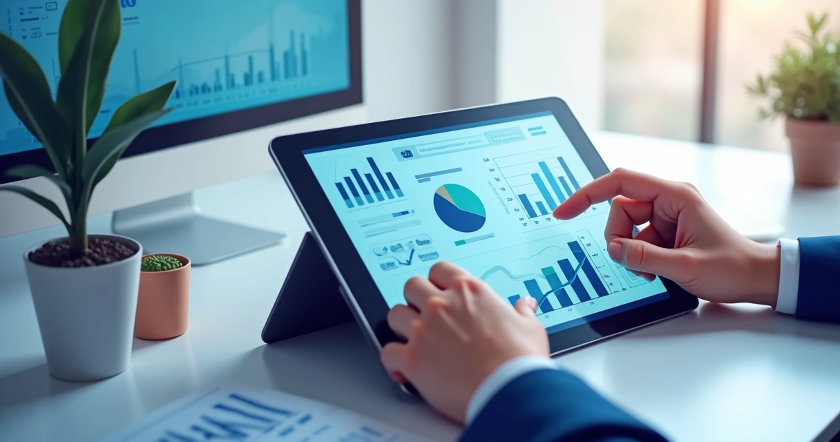 Dashboard digital com indicadores de metas empresariais exibido em um tablet moderno 