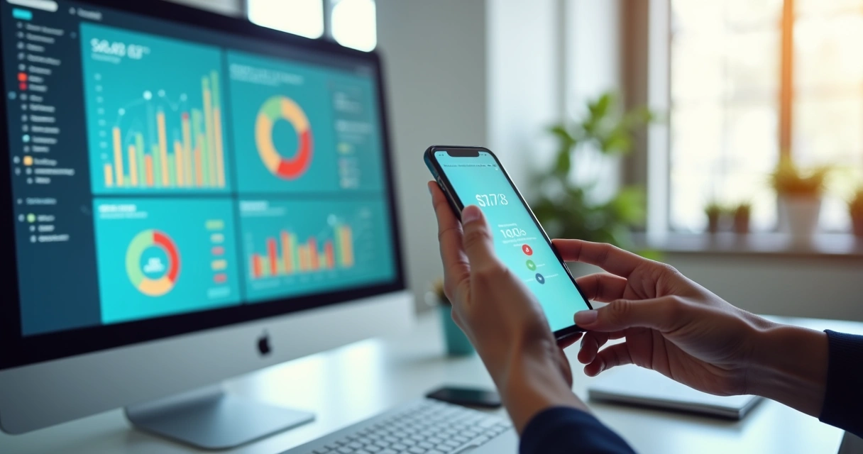Dashboard de indicadores de vendas em computador e celular
