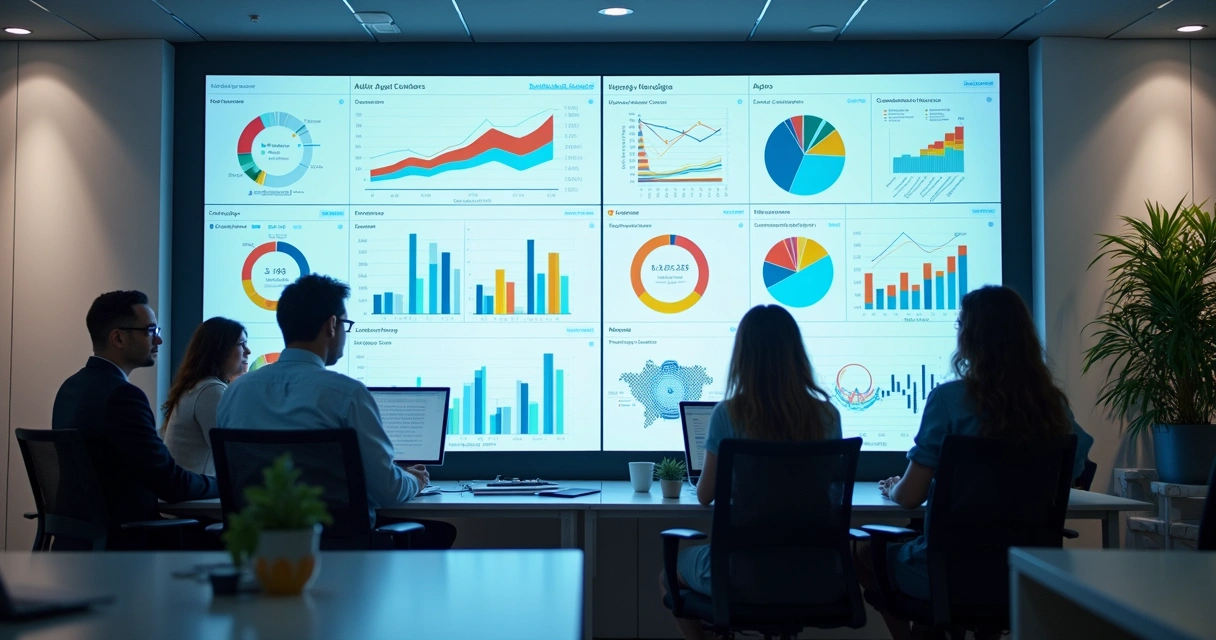 Dashboard colorido de indicadores empresariais integrados em uma tela de computador