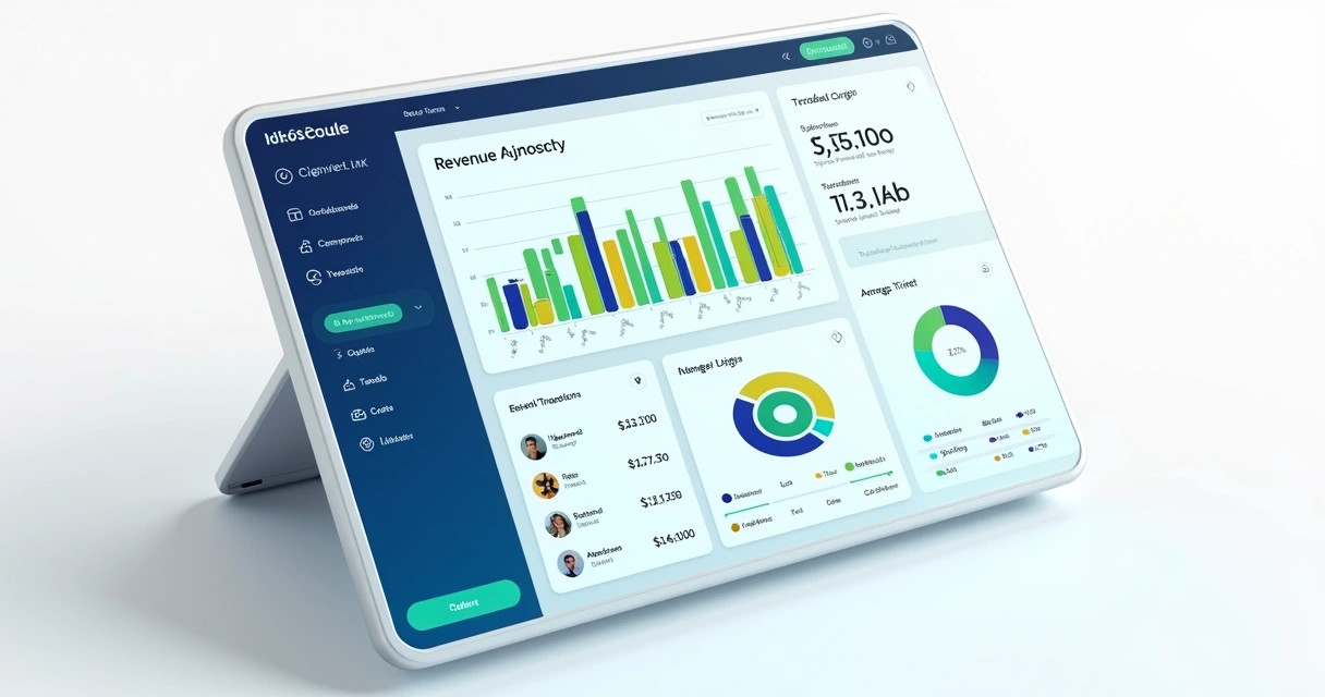 Dashboard com indicadores financeiros, gráficos de barras e pizza, e KPIs em destaque 