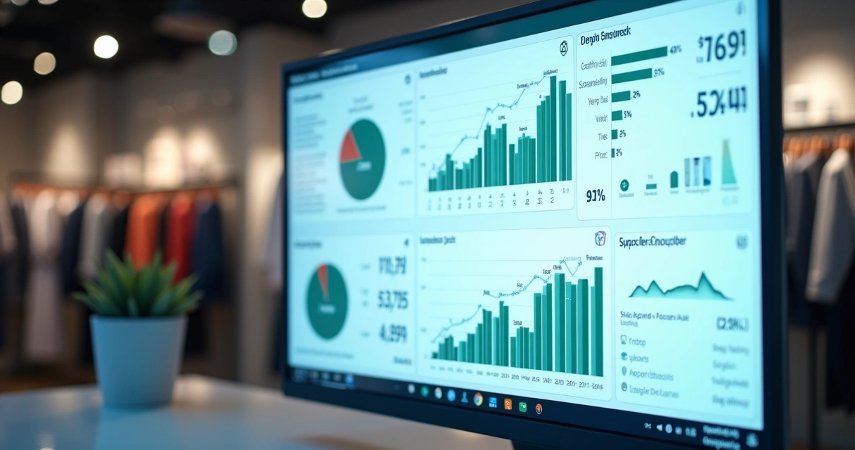 Painel digital com indicadores financeiros de loja de roupas 
