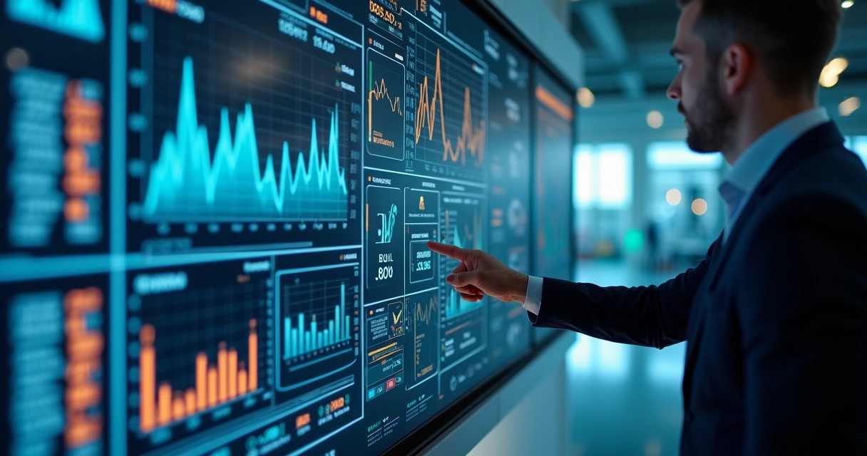 Dashboard digital apresentando indicadores industriais em telas grandes 