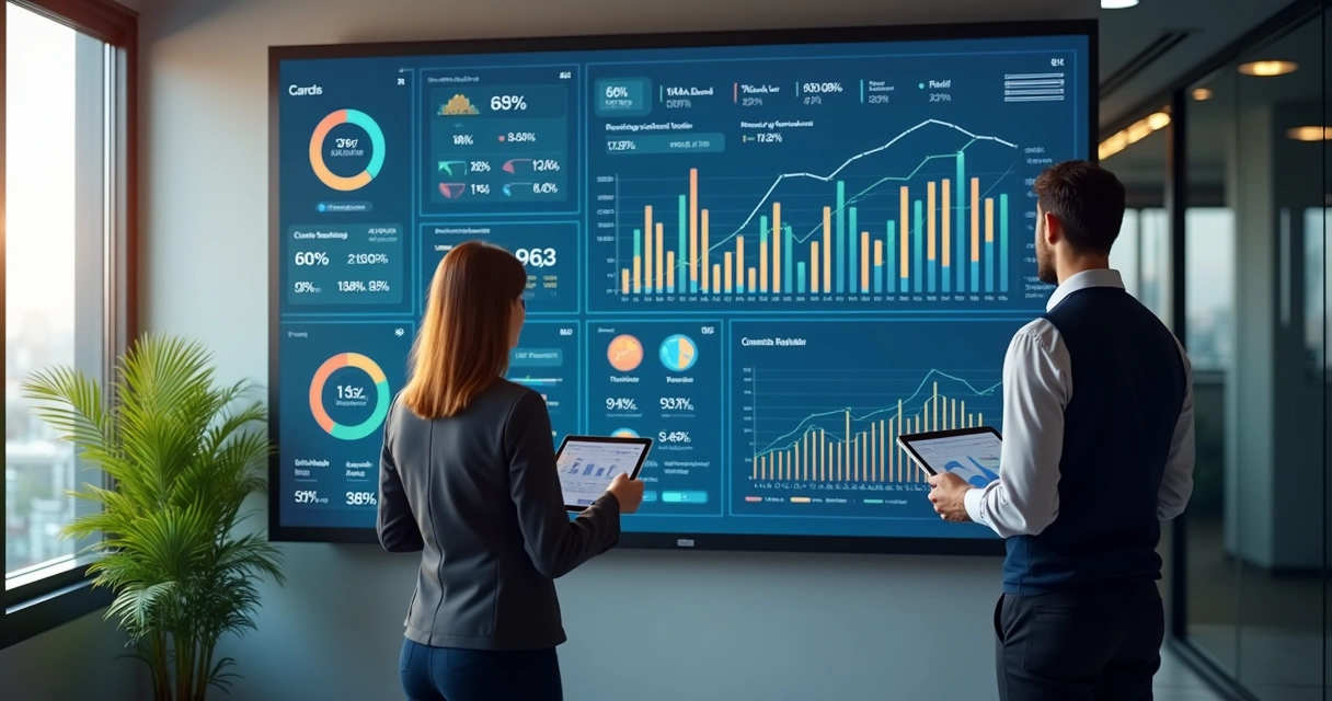 Dashboard digital com indicadores de desempenho e gráficos 