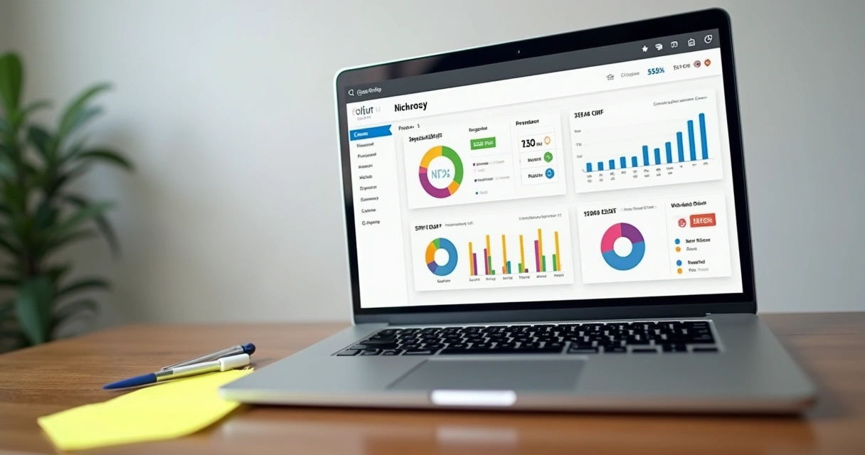 Dashboard com gráficos de NPS e CSAT coloridos na tela de um notebook sobre a mesa