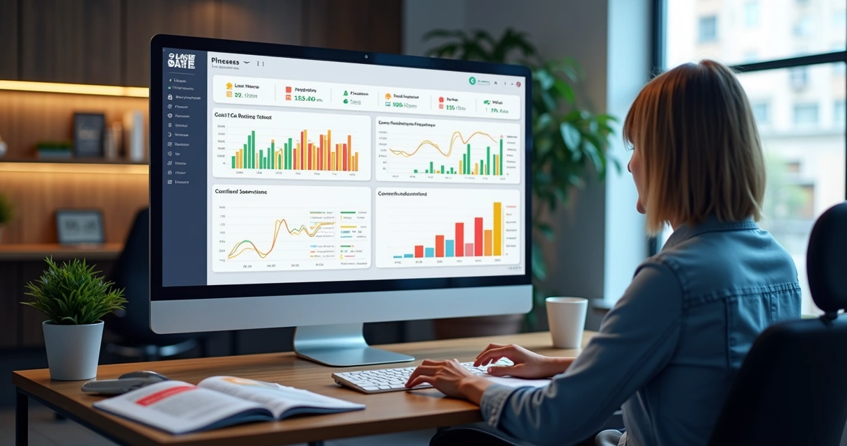 Dashboard digital com gráficos de desempenho de oficina mecânica 