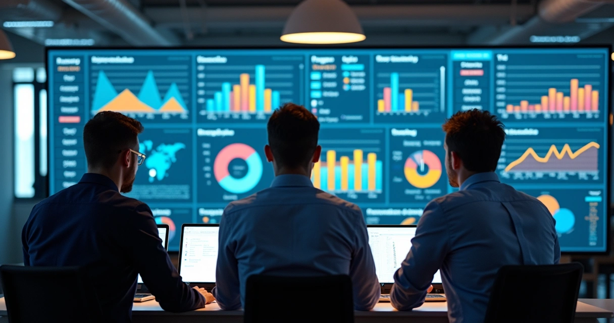 Dashboard de indicadores de processos em tela escura de computador 