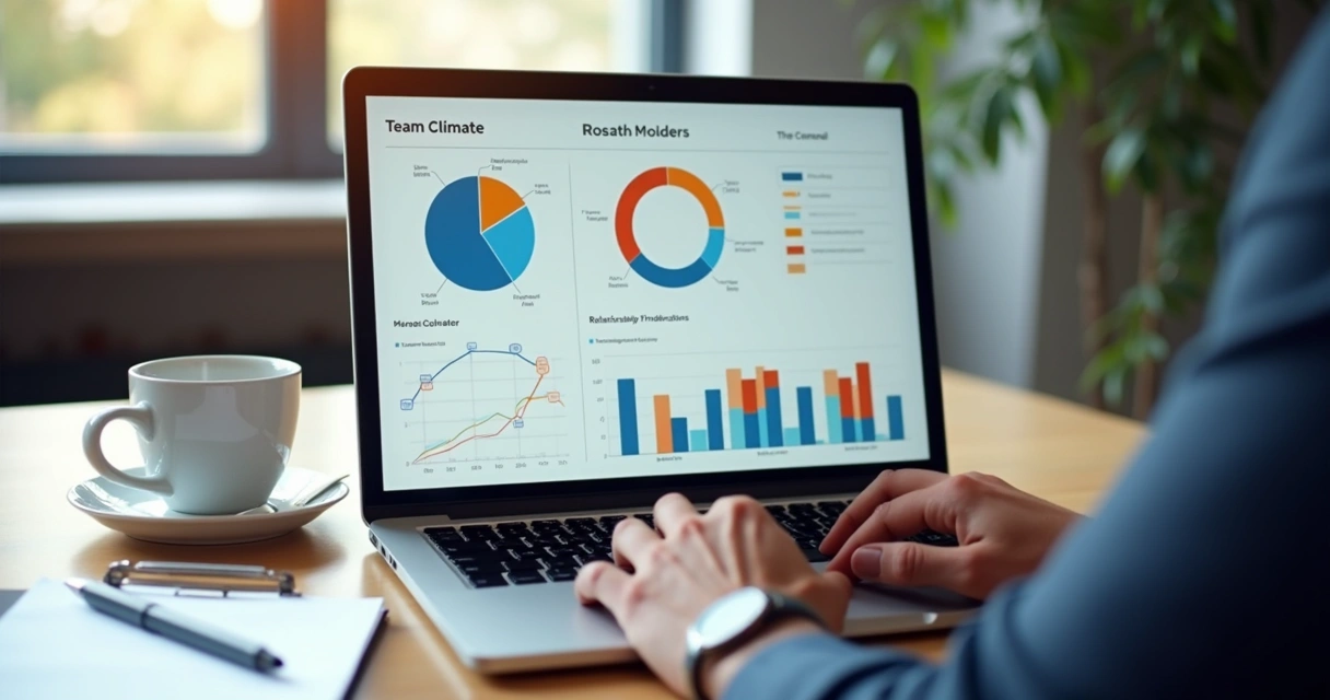 Tela de notebook exibindo gráficos coloridos de indicadores de clima e relacionamentos em equipe. 