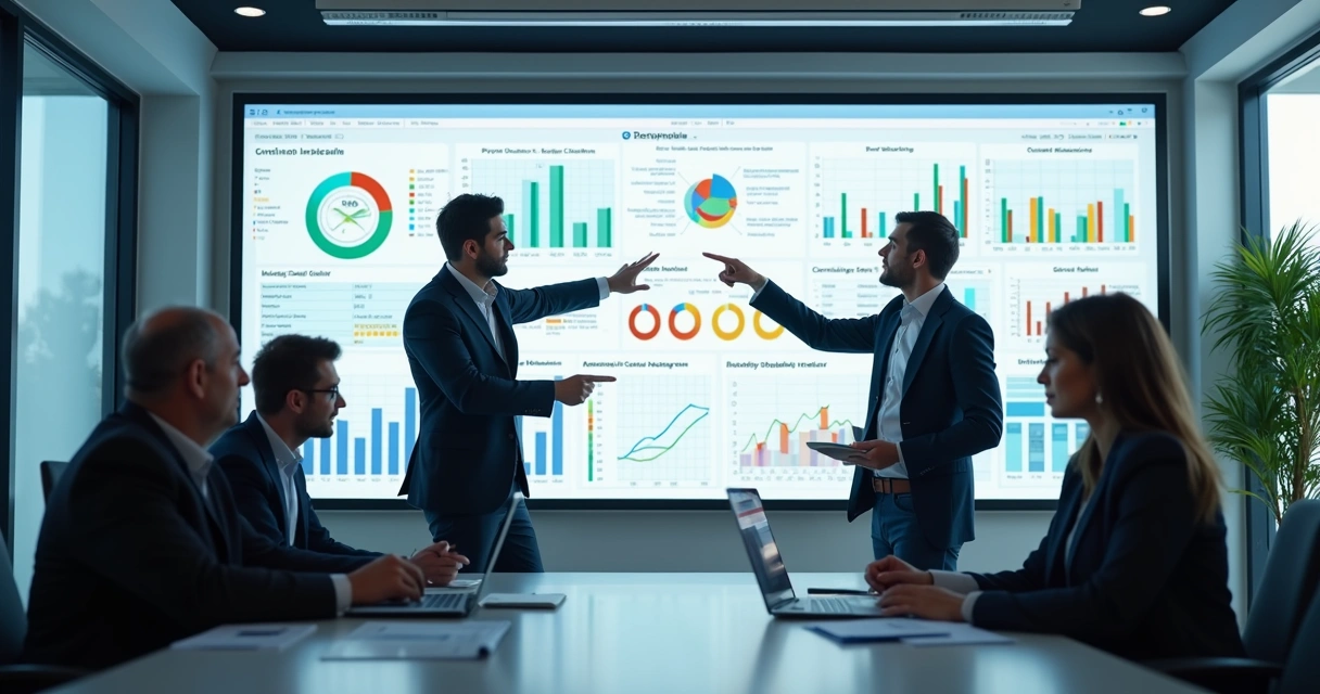 Dashboard de indicadores de desempenho colorido com gráficos de barras e linhas 