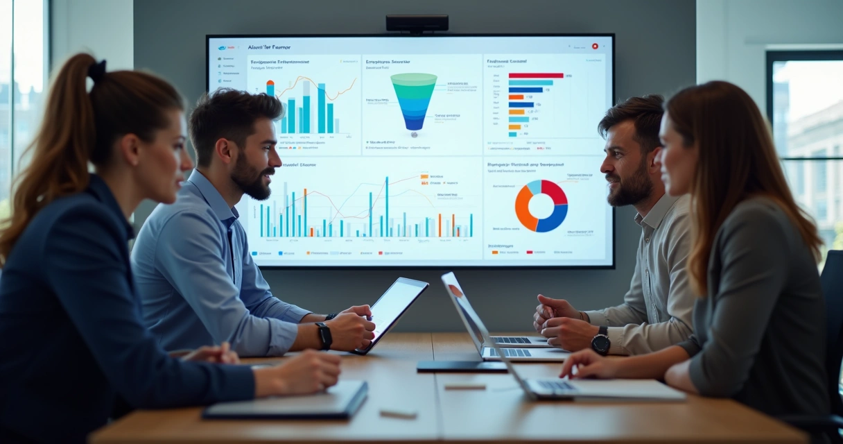 Dashboard digital mostrando indicadores de RH, gráficos e comparativos de desempenho 