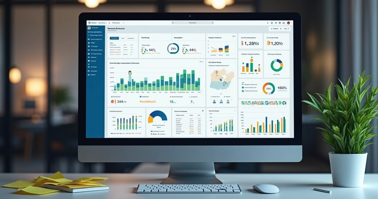 Dashboard de indicadores de RH em monitor mostrando dados de equipe 